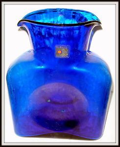 Blenko Cobalt Blue Art Glass Water Bottle Carafe Double Spout 384 Vase Decanter