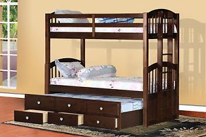 Espresso Finish Wood Twin Size Bunk Bed Bunkbed with Trundle Storage Drawers