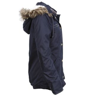 New Womens Navy Blue Button Up Parka Jacket Coat Fur Trim Hood Size 8 16