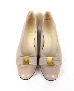 Salvatore Ferragamo Shoes Leather Beige Pumps Slip on Heels Bow Womens 10 AAAA