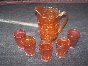 Fenton Butterfly Berrie Carnival Glass Marigold Water Set Pitcher 5 Glasses