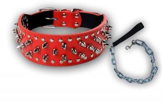 Pit Bull Black Leather Dog Collar Leash Set Studs Spikes Boxer Bully Terrier