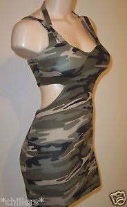 Sexy Camo Double Strap Cami Halter Padded Side Cutout Low Cut Mini Short Dress M