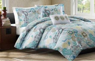 New 4pc Queen Sz Comforter Set Blue Teal White Yellow Floral Beach Tropical Soft