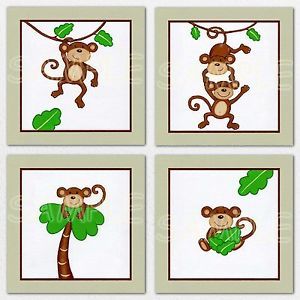 Curious Monkey Giclee Prints Green Nursery Bedding Baby Boy Girl Art Wall Decor