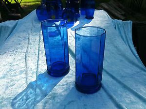 Pair of Anchor Hocking Cobalt Blue Glass Tumblers Water Glasses Ridges