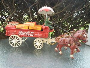 Vintage Coca Cola Cast Iron Horse Drawn Wagon with Miniature Crates of Coca Cola