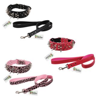 Bundle Monster New Studded Spikes Wide Print Adjustable Dog Collar Leash Set