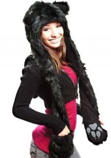 Youth Kids Celebrity Style Fashion Faux Fur Wolf Animal Hoodie Scarf Mitten Hat