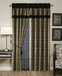4pcs Brown Leopard Faux Fur Window Curtain Set Drape Panel with Sheer Tassels