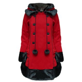 Hell Bunny Sarah Jane Red Winter Coat with Hood Faux Fur Edging 8 16