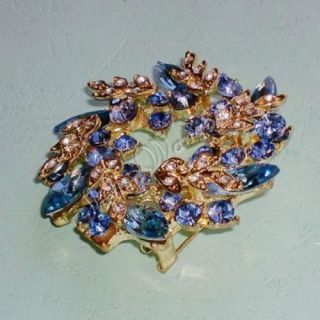 Vintage Flower Wreath Brooch Blue Swarovski Crystal Golden Leaf CZ Decor