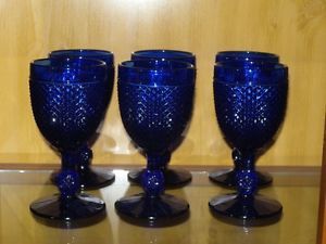 6 Jeanette Glass Cobalt Blue Diamond Point Depression Water Goblets Glasses