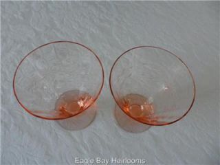 2 Elegant Footed Paneled Etched Pink Depression Glass Water Wine Goblets Tiffin