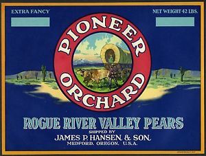 Pioneer Orchard Covered Wagon Original 20s Medford Oregon Pear Fruit Crate Label