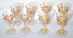 8 Antique Salviati Murano Venetian Glass Wine Glasses Gold Aventurine Filigree