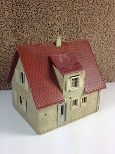 Vintage Model Train Plastic Detailed Stucco House with Chimney Window Shutters