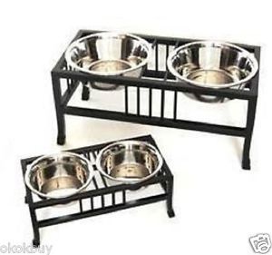 Pet Raised Elevated Dog Stainless Steel 2 Bowl Feeder Iron Rack Small or Large