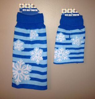 "Pets Ugly Sweater" Dog Puppy Sweater Shirt Medium Blue Striped Snowflakes