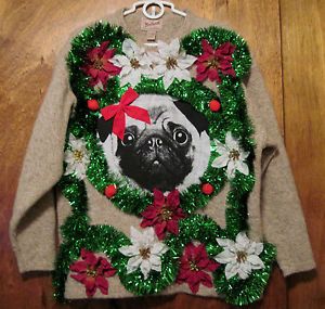 Mega Garland Cute Pug Dog Ugly Christmas Sweater Women's XL