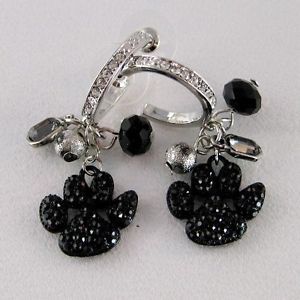 Dangle Black Crystal Dog Cat Paw Printed Hoop Huggie Stud Earrings