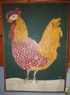 Vtg Folk Art Rooster Paint on Board Rustic Shabby Chic Art Picture Decor Audrey