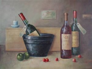 24 x 36 Oil Painting Art Wine Bottles Cherrys Apples Green Red White