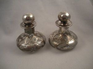 Pair Antique Art Nouveau Silver Overlay Perfume Bottles