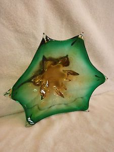 Vintage Murano Style Art Glass Green Yellow Color Six Sided Shape Bowl Unique