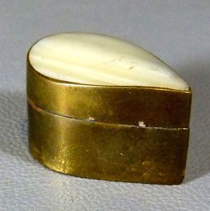 Antique Art Deco Brass Mother of Pearl MOP Lid Pill Box Teardrop Shape
