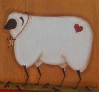Primitive HP Folk Art Prim Sheep Heart Crow Barn Star Board