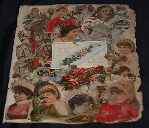 Antique Victorian Collage Folk Art Lithograph Paper Page from Scrapbook Ephemera
