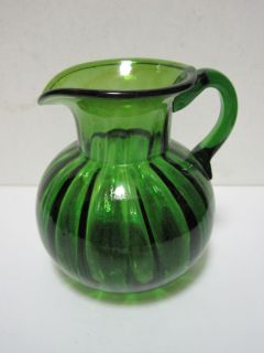 Vintage Blown Molded Art Glass Pitcher Green Melon Shape Makes Charming Vase