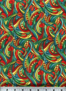 Fabric 1970 Green Red Gold Abstract Swirls Dots Fabric Freedom Sold by 1 2 Yd