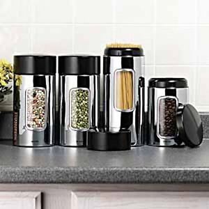 Kitchen Counter Canister Set Black Stainless Steel Food Container Storage Jars