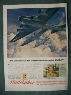Vtg Original 1943 Studebaker Auto Plane WW2 Magazine Ad 4358319 Engine 617 Hours