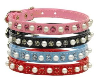 Dog Collar Pearl and Crystal Patent Fancy Pink Black Red or Blue Pet Collars