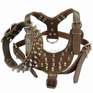 Brown Spiked Studded Leather Dog Pet Collar Harness Set for Pitbull Mastiff