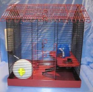 Tall Red Hamster Cage w Adj Ledge House Bowl Bottle Wheel Ramp Clean