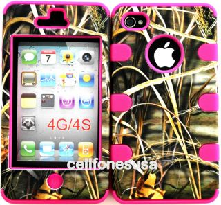 Apple iPhone 4 4S Hybrid Cover Case Silicone Straw Grass Mossy Camo on Pink Skin