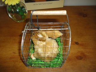 Vintage Realistic Straw Bunny Rabbit in Metal Wire Cage Wooden Handle
