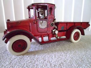 11" Arcade Toys 1920's Cast Iron International Red Baby Dump Truck Rubber Tires