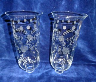 Vintage Clear Glass Hurricane Lamp Shade 2 Etched Floral Design