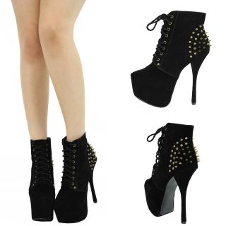 Black Gold Spike Stud Lace Up Sky High Heel Platform Stiletto Ankle Boot Booties