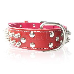 21 26" Red Spiked Spikes Genuine Real Leather Dog Collar D Ring Extra Large XL