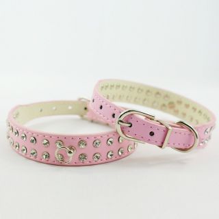 8 10" Pink PU Leather Bling Rhinestones Crystal Studded Puppy Dog Pet Collar