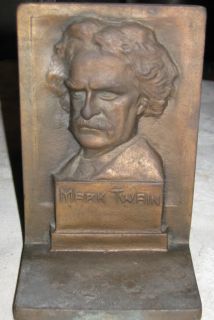 3 D Antique Mark Twain Story Book Art Sculpture Cast Iron Statue Bust Bookends