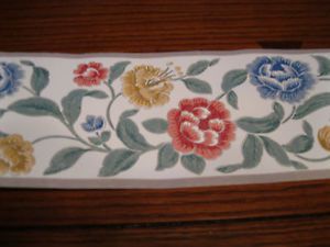 Blue Red Yellow Flowers Floral Gray Taupe Trim White Wall Wallpaper Border 5040
