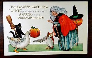 Witch Owl Black Cat Broom GOOSE Pumpkin Head Halloween Whitney Fantasy Postcard