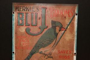 Antique Tin Advertising Sign Blu J Brooms Merkle Broom Co